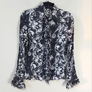 Le Caviar Wrinkled Button Up Blouse Size Medium Fringe Trim Neck Tie Sheer Fairy